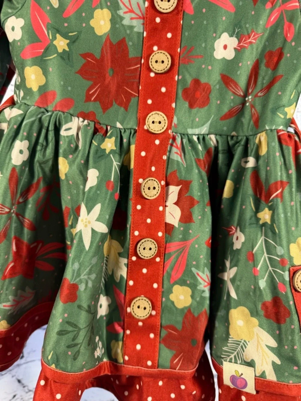 cheeky plum Christmas Green Floral Dress with Red Polka-Trim